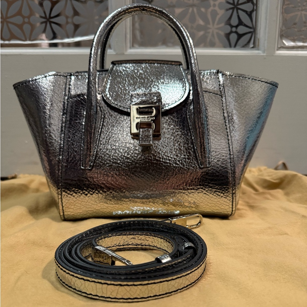 Michael Kors Bancroft mini crackled metallic Silver Handbag NWT